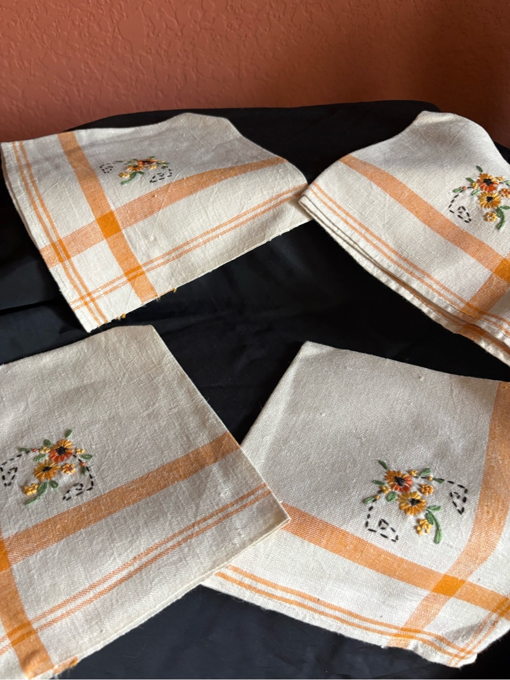 Source Unknown Orange and Cream Embroidered Napkins - Set of 4